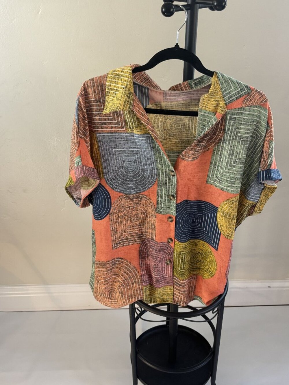 Shein Curve Womens Geometric Print Button-Down Shirt 1XL Multicolor Short Sleeve